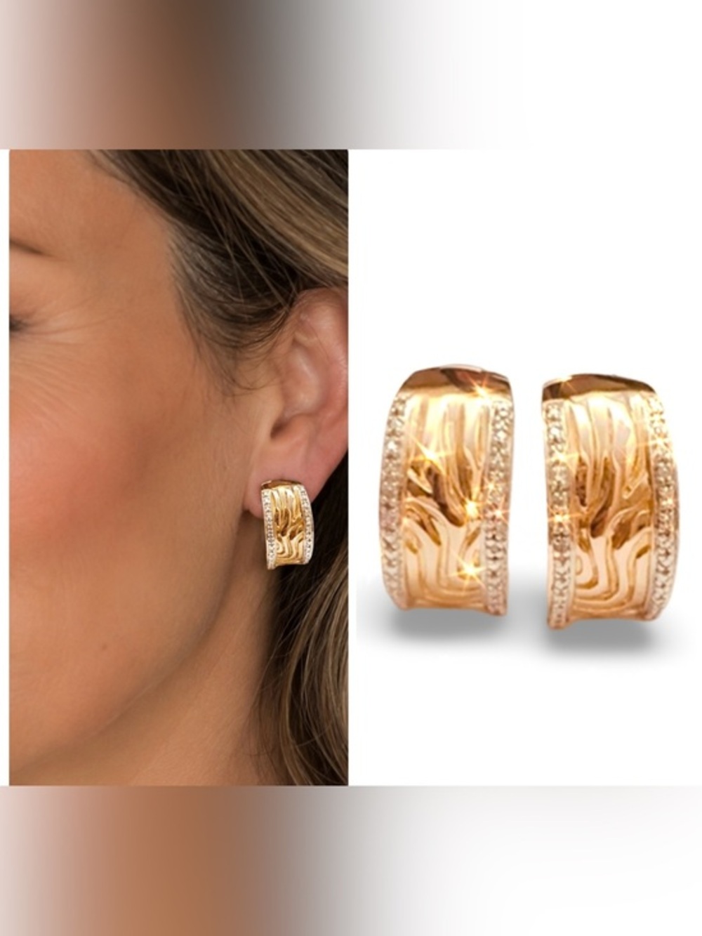 Ross Simons Hoop Pierced Earrings Sterling 925 Crystal Accents Gold Plated FIRM